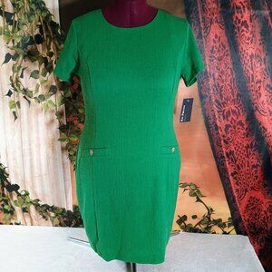 EUC Enfocus 12 Petite Kelly Green Textured Knit Short Sleeve Faux Pocket Dress
